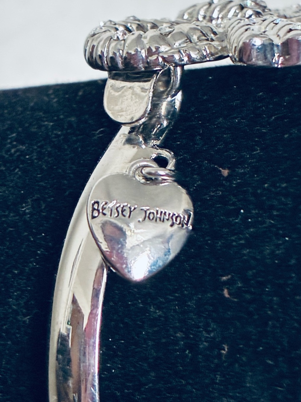 Betsey Johnson Silver Bow Crystal Bracelet with Heart Charm - Picture 2 of 5